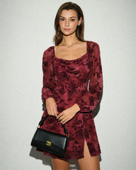 Wine Red Cowl Neck Floral Mini Dress
