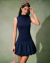 Navy Mock Neck Ruched Mini Dress