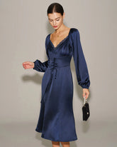 Navy Satin V Neck Ruched Midi Dress