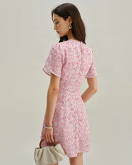 Pink Floral Round Neck Pleated Mini Dress