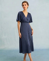Navy V Neck Satin Midi Dress