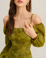 Green Floral Square Neck A-Line Maxi Dress