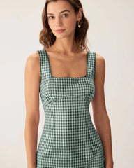 Green Plaid Square Neck Slip Mini Dress