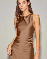 Coffee Satin Boat Neck Slip Midi Dress