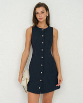 Navy Button A-Line Mini Dress
