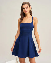 Navy Satin Pleated Slip Mini Dress