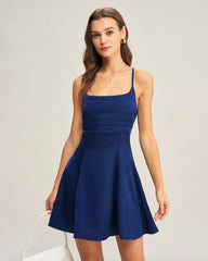 Navy Satin Pleated Slip Mini Dress