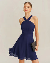 Navy Chiffon A-Line Mini Dress