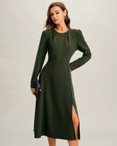 Green Ruched A-Line Slit Midi Dress