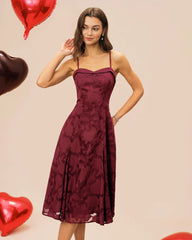 Wine Red Sweetheart Neck Jacquard Slip Midi Dress