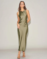 Green Satin Boat Neck Slip Midi Dress