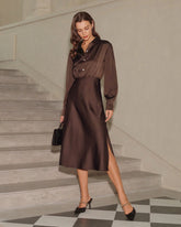 Coffee Ruched Button Midi Dress