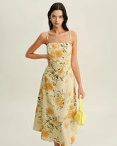 Yellow Floral Shirred Slip Midi Vacation Dress
