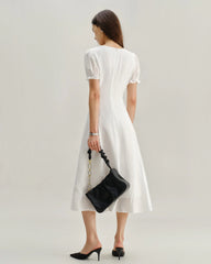 White Puffed Sleeve V Neck Midi Dress