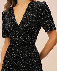 Black V Neck Polka Dot Midi Dress