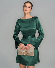 Green Boat Neck Satin Mini Dress