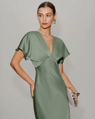 Green Satin V Neck A-Line Midi Dress