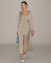 Khaki Satin V Neck Bell Sleeve Maxi Dress