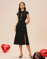 Black Mandarin Collar Polka Dot Midi Dress