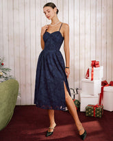 Blue Jacquard A-Line Slip Midi Dress