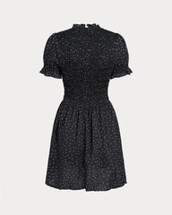 Black Polka Dot Shirred Mini Dress