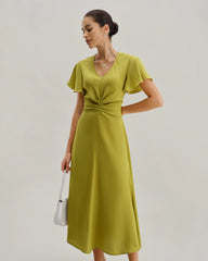 Green V Neck Ruffle Sleeve Midi Dress