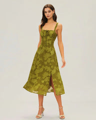 Green Square Neck Jacquard Midi Dress