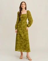 Green Floral Square Neck A-Line Maxi Dress