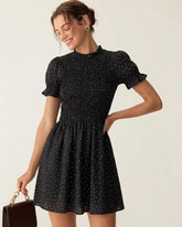 Black Polka Dot Shirred Mini Dress