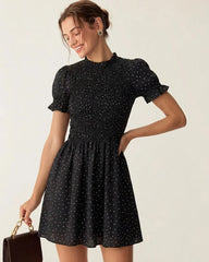 Black Polka Dot Shirred Mini Dress
