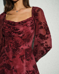 Wine Red Cowl Neck Floral Mini Dress