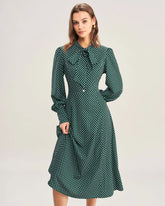 Green Polka Dot Tie Neck Midi Dress