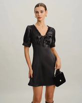 Black V Neck Satin Mini Dress