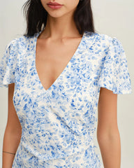 Blue Floral V Neck Button Maxi Dress