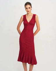 Red V Neck A-Line Midi Dress
