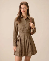 Brown Plaid Pleated Mini Dress