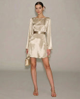 Apricot Boat Neck Satin A-Line Mini Dress