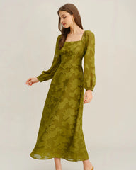 Green Floral Square Neck A-Line Maxi Dress