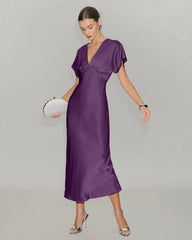 Purple Satin Cowl Sleeve Midi Dress