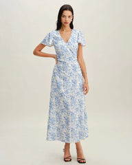 Blue Floral V Neck Button Maxi Dress