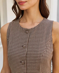 Brown Gingham A-Line Sleeveless Mini Dress