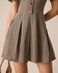 Brown Plaid Lapel Pleated Mini Dress