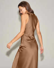 Coffee Satin Boat Neck Slip Midi Dress