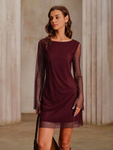 Wine Red Boat Neck Mesh Mini Dress