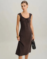 Brown Boat Neck Cap Sleeve Midi Dress
