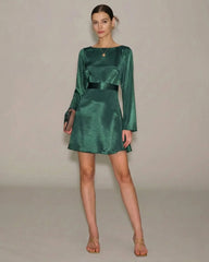 Green Boat Neck Satin Mini Dress