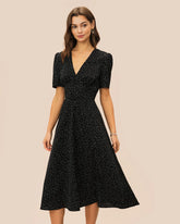 Black V Neck Polka Dot Midi Dress