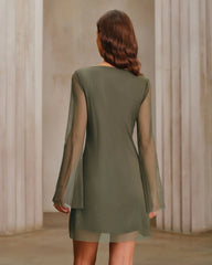 Green Mesh Boat Neck A-Line Mini Dress