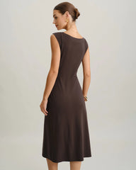 Brown Boat Neck Cap Sleeve Midi Dress