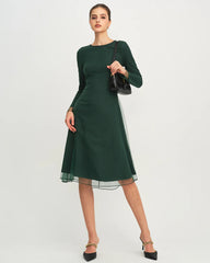 Green Round Neck Knit Mesh Midi Dress